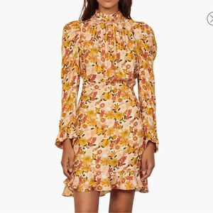 Sandro Floral Ruffle Mini Dress in Cream, Yellow & Pink